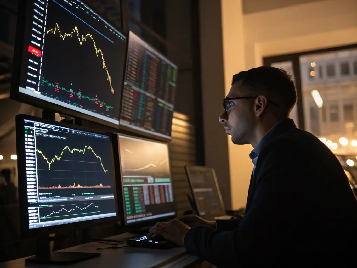 A professional investor analyzing market data on multiple screens, showcasing the complexity and potential of investment platforms.