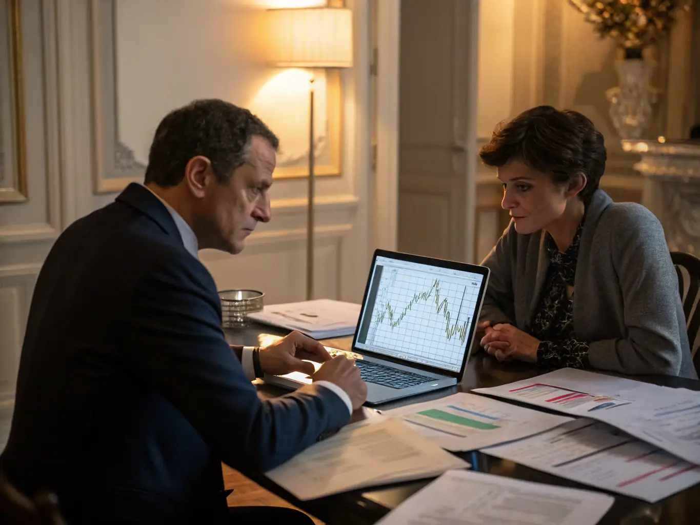 An image of a coach and client engaged in a one-on-one session, with charts and laptops indicating strategic planning, symbolizing personalized investment coaching.