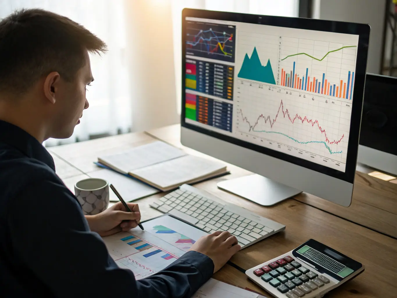 A person sitting at a desk, analyzing financial data on a computer screen, representing financial analysis and investment management.