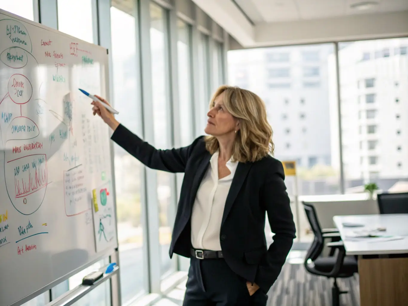 A person confidently presenting a business strategy on a whiteboard in a modern office setting, symbolizing strategic planning and business development.